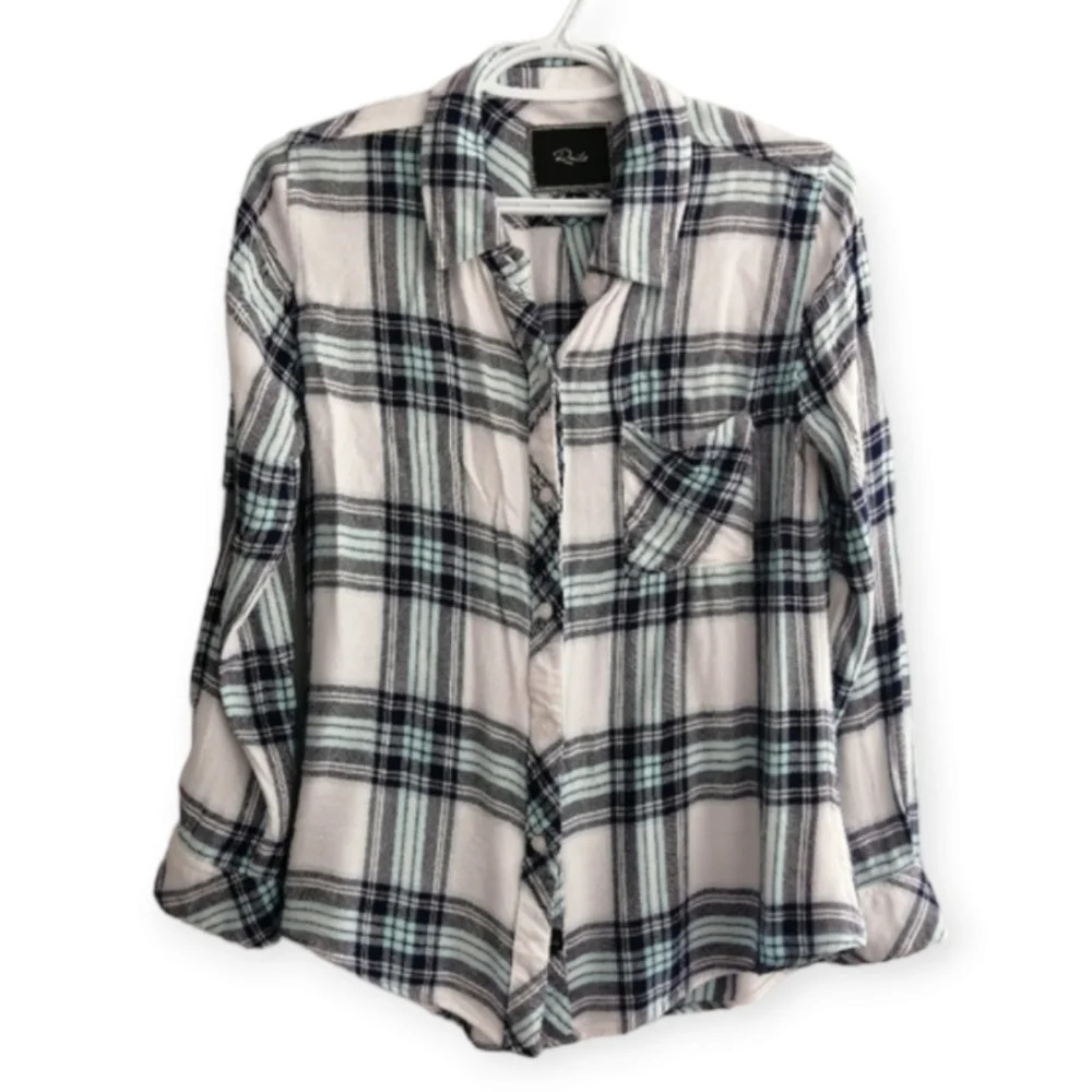 Rails Hunter Plaid Button Up Brushed Rayon Blue White Black Plaid Small